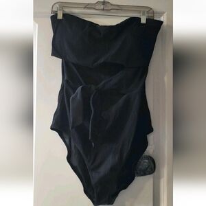 Aerie NEW XXL Black Ribbed Strapless Cut Out One Piece Swimsuit Tie Front NWT